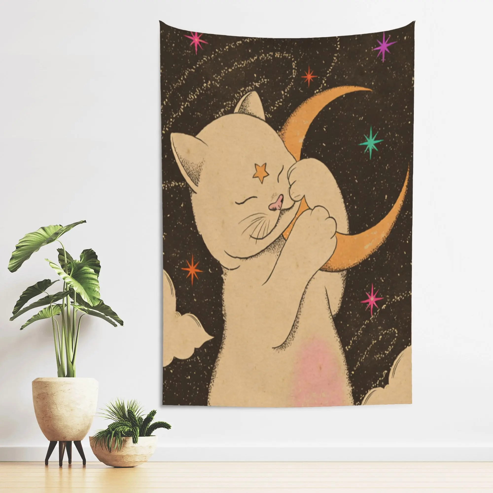 Celestial Cat Moon Tapestry, Retro Witchy Wall Hanging, Aesthetic Cat Lover Room Decor for Bedroom