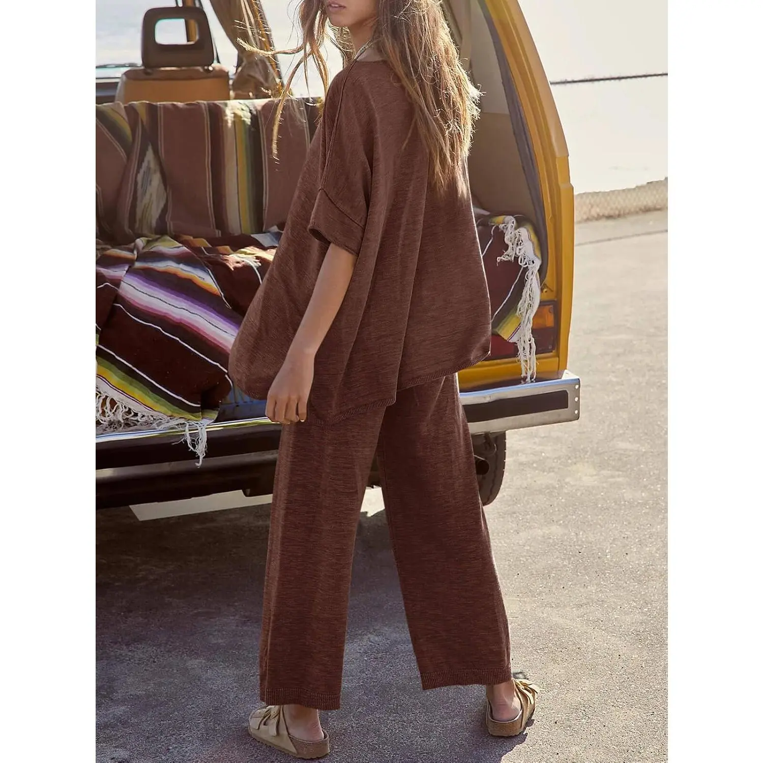 Women's 2-Piece Viscose Knit Loungewear Set - Chic Oversized Sleeve Top, High-Rise Wide Leg Pants, Style-Focused Soft Fabric Outfit for Casual Outings, Beach Use, Loveable Everyday Wear