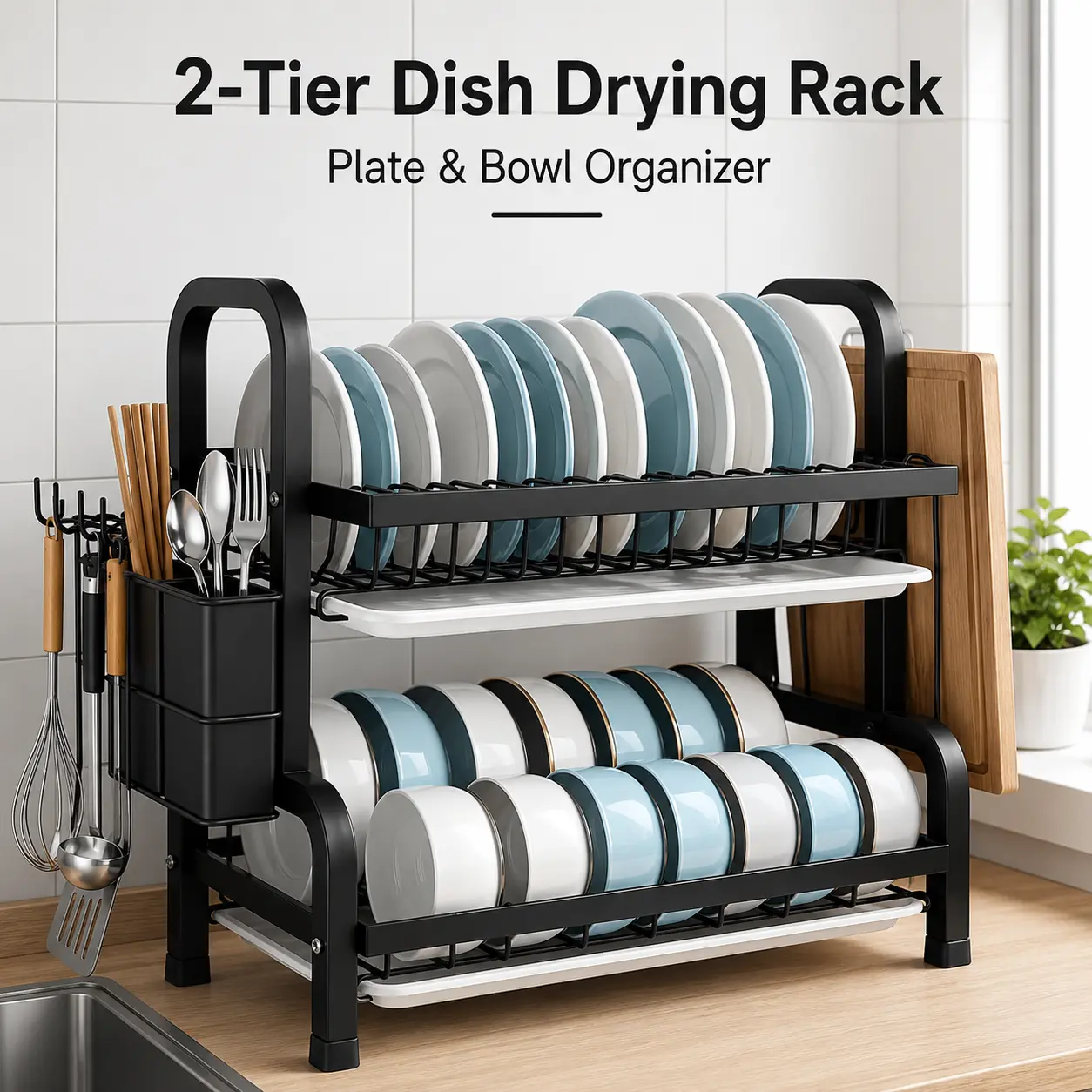 Space-saving metal draining rack, double-layer metal kitchen countertop draining rack—space-saving and durable.It comes with knife/fork holders, a cup holder, a cutting board rack, and a rustproof draining tray, allowing utensils to be neatly stored so th