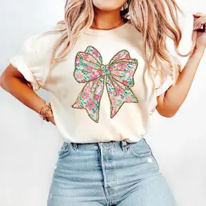 (NOT Glitter) Coquette Bow Shirt Floral Bow Tee Coquette Aesthetic Soft Girl Era Tshirt Girlie Girl Shirt Ribbon Shirt Gift teen girl girly Cotton Fabric Fit Sleeve Summer Casual