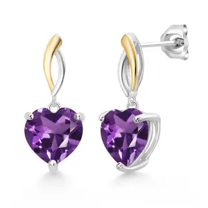 925 Sterling Silver and 10K Yellow Gold Heart Shape 10MM Gemstone Birthstone Dangle Earrings For Women By Keren Hanan