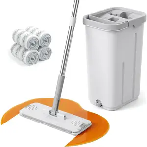 Mop and Set, Mop and with Wringer Set, Wet and Dry Mop for Floors, Vinyl, Tile, Baseboards and (4 Washable Microfiber Pads Included)