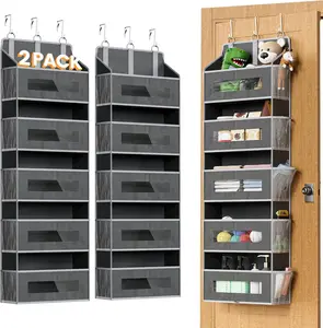 2 Packs 5-Tier Over the Door Organizer with 10 Side Mesh Pockets, 48 lbs Load Capacity, 3 Hooks Design, Hanging Storage Organizer with Clear Windows for Bathroom, Bedroom
