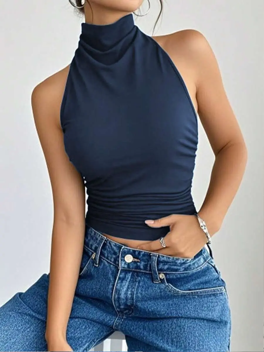 OFFGIRD x INAWLY Women's Solid Color Pleated Fitted Halter Neck Top High Neck Sleeveless Body Tops For Ladies,Navy Blue,Summer,Seksi Chic,Night,Holiday Casual Wear
