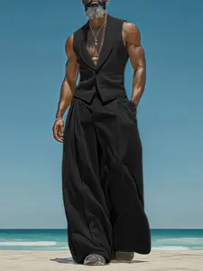 INCERUN Fashion Men's Sets Solid Color Sleeveless Tops Tee Buttons Summer Long Pants Male Two-piece Suits Streetwear 2PCS