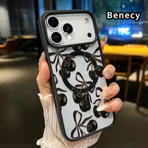 Magnetic Phone Case Supports Wireless Charging for iPhone 17 Pro Max 17 Air Cherry Bow Pattern Pattern Non-Yellowing Silicone Transparent Acrylic Drop Protective Cover