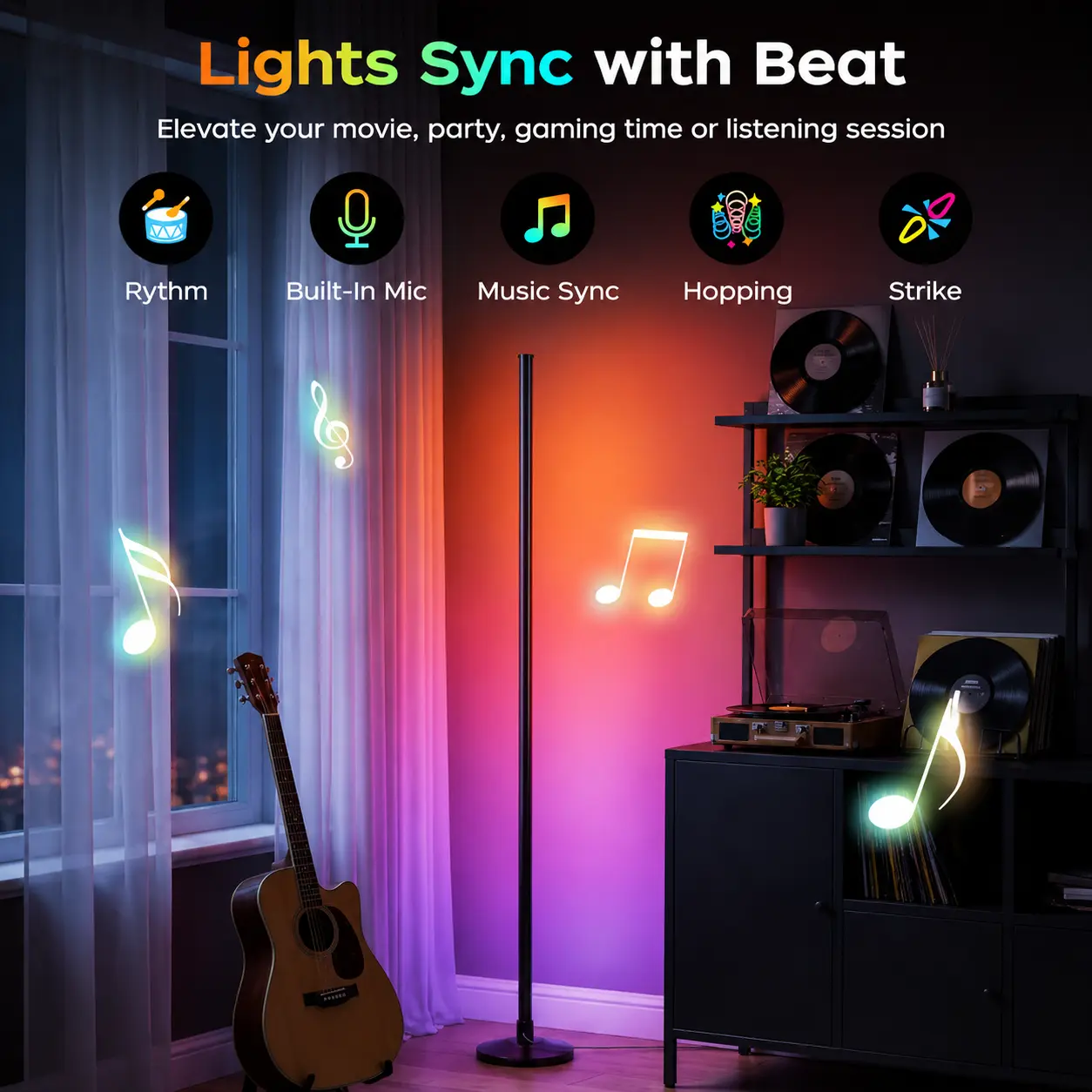RGB Color Changing Corner Floor Lamp - Sound Pickup Rhythm Light Bar, USB-Powered Smart Atmosphere Standing Lamp with Remote & Bluetooth App Control for Room Decor