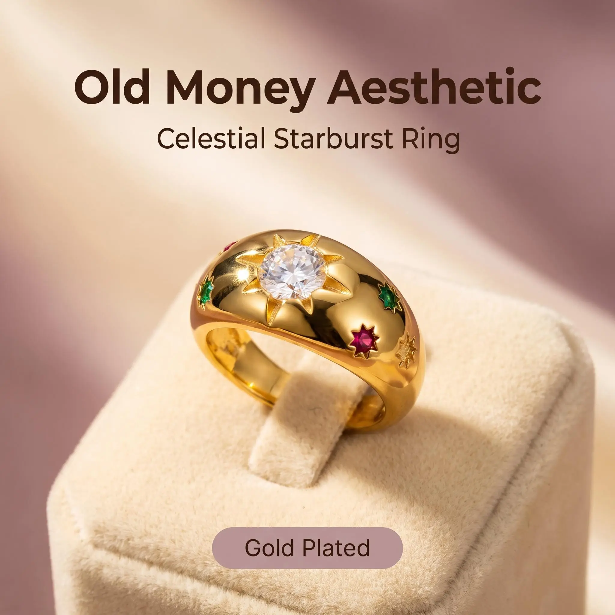 Starburst Statement Ring 14K Gold Plated Wide Vintage Adjustable Band With Colorful Cubic Zirconia Elegant Fashion Jewelry for Women Daily Wear Party Meaningful Gift