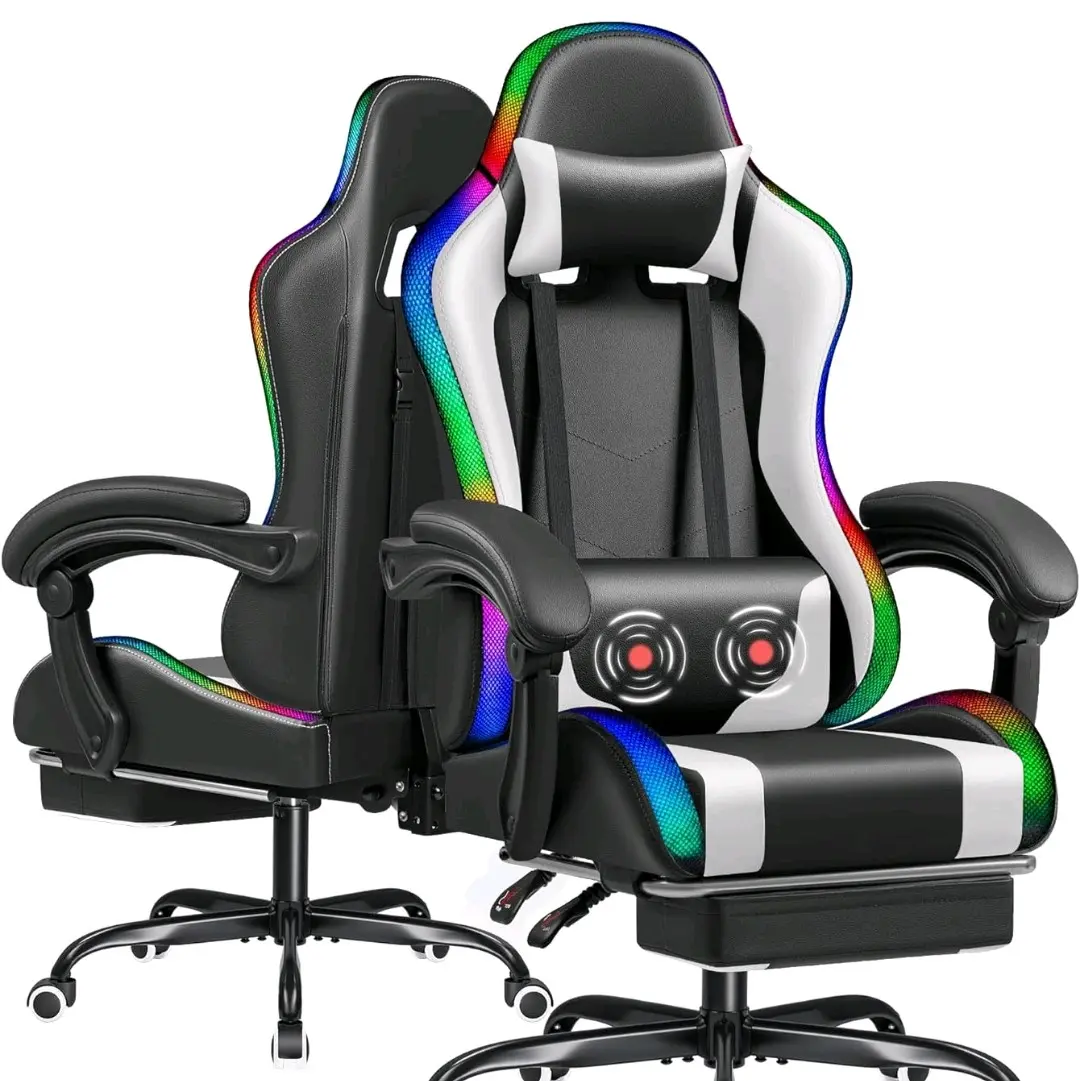 RGB Gaming Chair with RGB LED Lights, Footrest, Massage Lumbar Support, High Back Reclining Computer Chair black friday