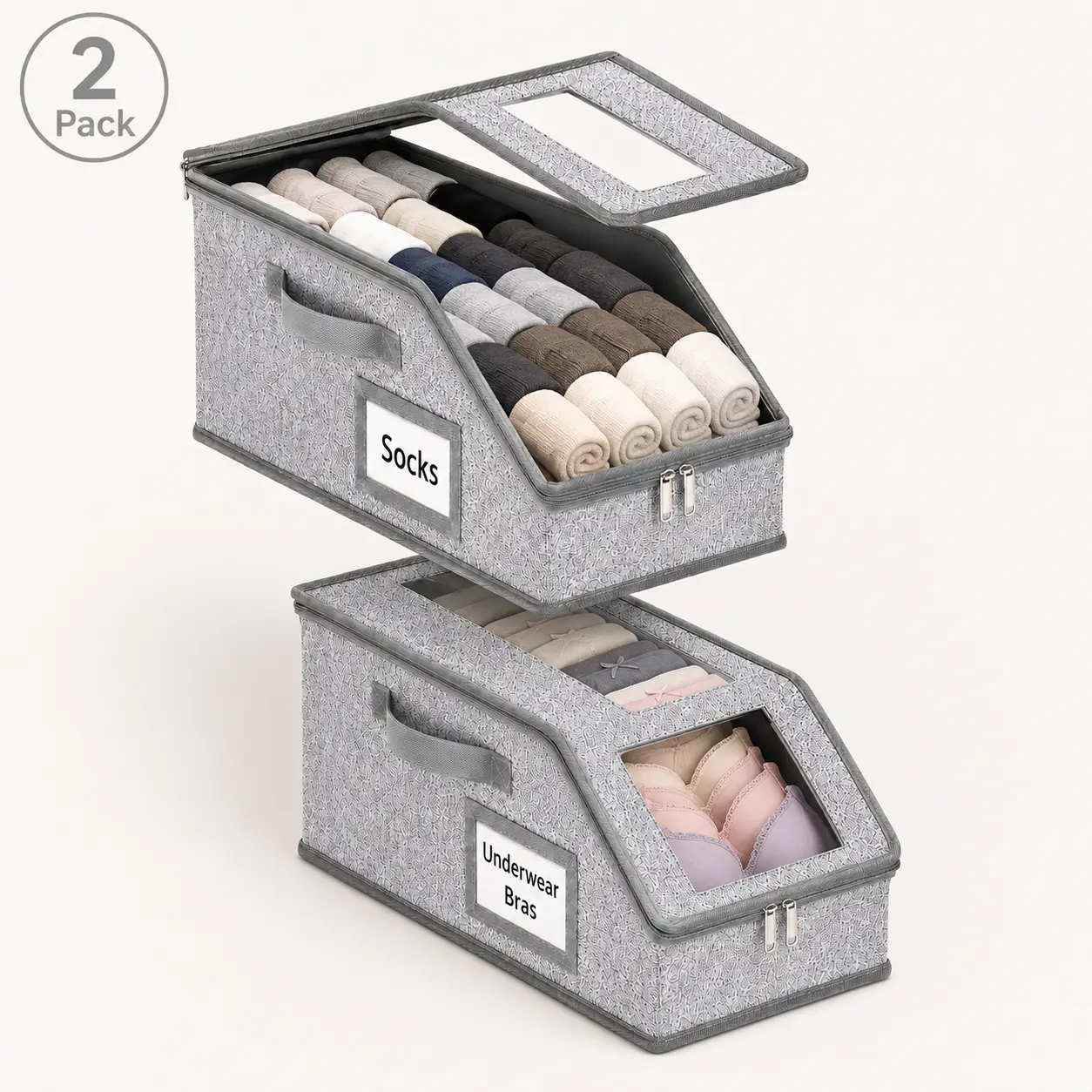 2 Pack Closet Organizer Storage Bins with Clear Window, Foldable Clothes Storage Boxes for Socks, Underwear, Bras, Towels and Daily Essentials, Stackable Zip-Up Closet Storage for Bedroom, Dorm Room, Apartment, Back to School sohochic
