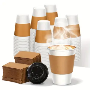 10/20/50 Sets 12oz Thick Disposable Paper Coffee Cups with Lids and Sleeves, Leak-Proof Hot Drink Cups for Home Office Party