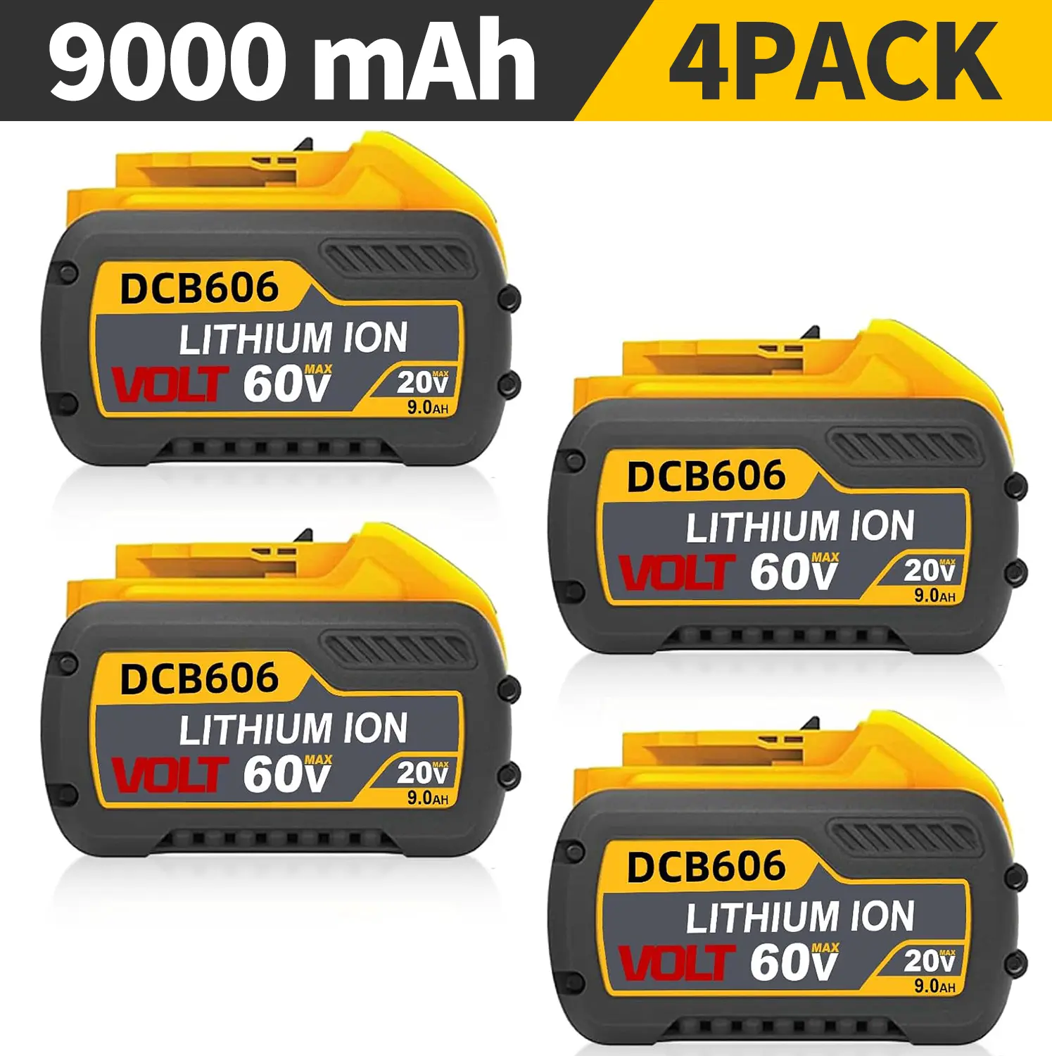 9000mAh/9.0Ah 20V/60V MAX Replacement for DeWalt DCB606 DCB609 DCB612 Batteries Compatible with DeWalt 20V/60V Variable Voltage Battery, Chargers and Power Tools 4Pack