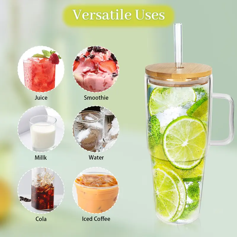 Halloween Giftting -40 oz Glass Tumbler with Handle, Glass Cups with Lids and Straws, Bamboo Wide Mouth Fits in Car Holder Reusable Iced Coffee Cup Bottle Drinkware, Gifts Back to School, Dorm, Study, Work & Home Essential Glassware, Study Buddy Glass Mug 2