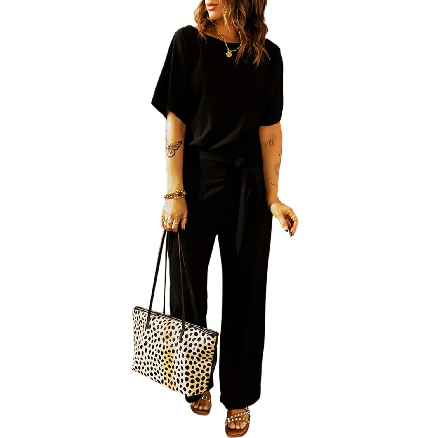 Women's Fashion Black Dolman Sleeve Belted Straight Leg Overalls Jumpsuit - 95% Elastane Polyester Plain Sheath Silhouette with Twist Knot Detail, Stylish Fit for Casual Daily Wear