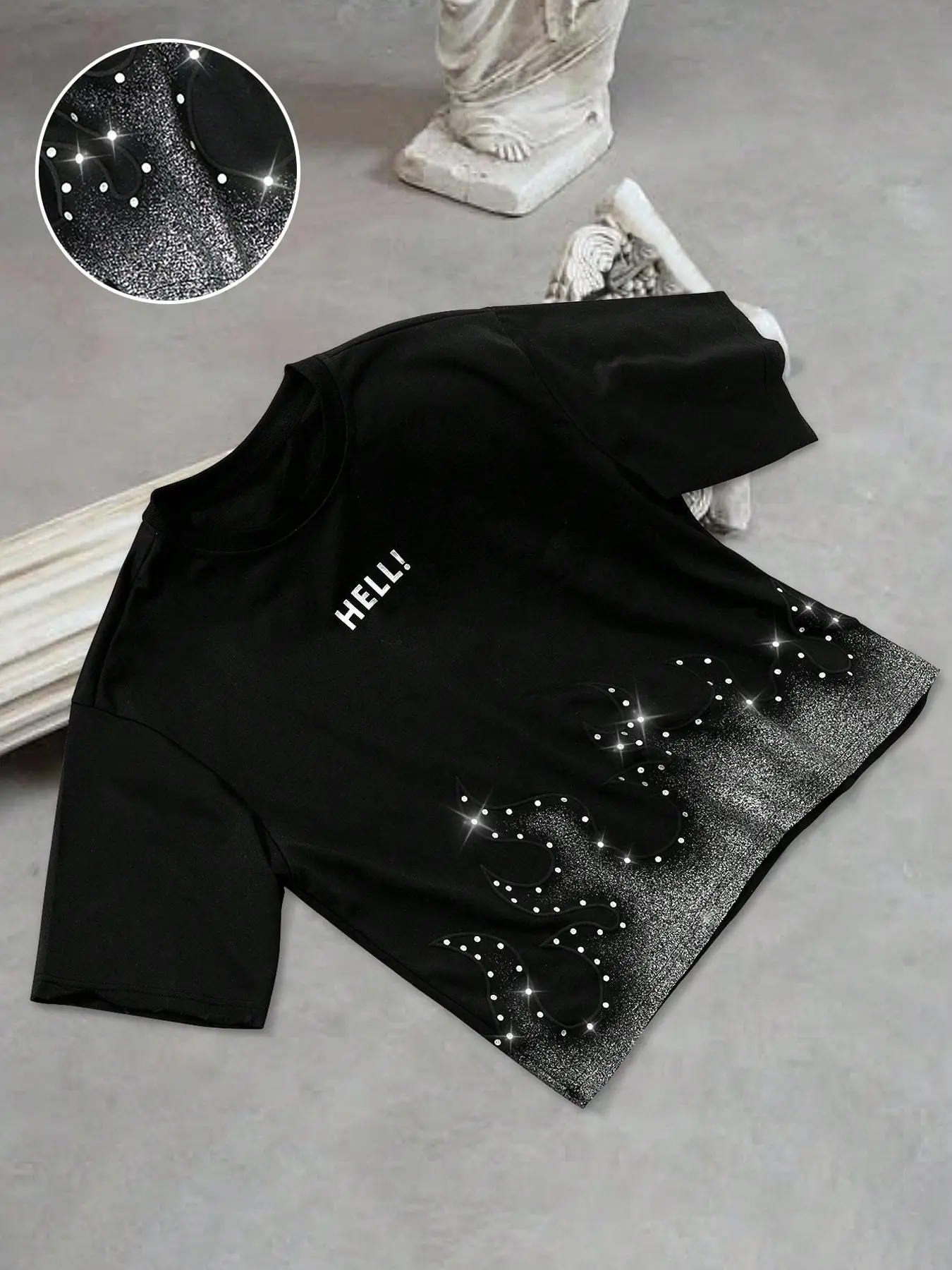 Unisex street style Casual T-shirt with rhinestone and hot-fix rhinestone Graphic print "Hell what the Bleep" slogan. Short design, Fitted, trendy streetwear, perfect for high-street wear, eye-catching, Y2K style, men's gift, couple's outfit.