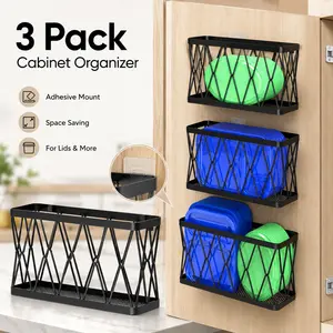 3 Pack Adhesive Cabinet Organizer, Black Stainless Steel Wall Mounted Pantry Door Organizer Bin Holder for Tupperware Lids, Kitchen Wall, Under Sink Basket, Cabinet Door, Pantry, Bathroom and Slim Space Storage