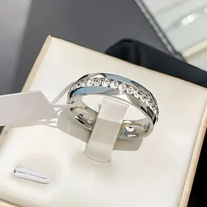 1 Piece Never Fade Stainless Steel Ring Men Women Couple Ring Single Row Full Diamond Cuban Ring
