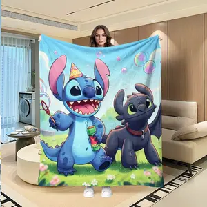 Stitch and Toothless Creative Digital Print Flannel Blanket, Thanksgiving, Valentine's Day, Christmas Gift, Holiday Gift Throw Blanket