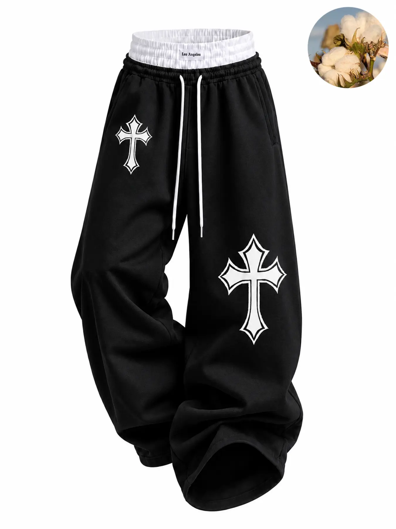 Men's Wide Leg Sweatpants 100% Cotton Cross Graphic Drawstring Pants, Double Waist Streetwear Joggers, Elastic Waist Lounge Trousers with Deep Side Pockets, Baggy Casual Sweatpants for Daily Wear, Father's Day Gift
