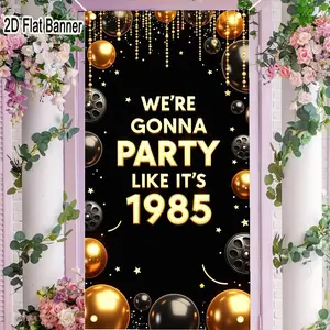 2D flat banner, 1pc1985 Retro Party Backdrop, Golden Black Balloon & Bead Decorations for 80s Themed Celebrations, 'WE'RE GONNA PARTY LIKE IT'S 1985' Bannergalentines party decor, valentine day decor, decorations for valentines day