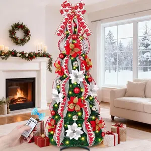 6FT Pre-Lit Pre-Decorated Pop Up Christmas Tree with 200 Lights & Remote, Artificial Collapsible Foldable Christmas Tree with Poinsettia Ribbon Bow for Home Indoor Outdoor Party