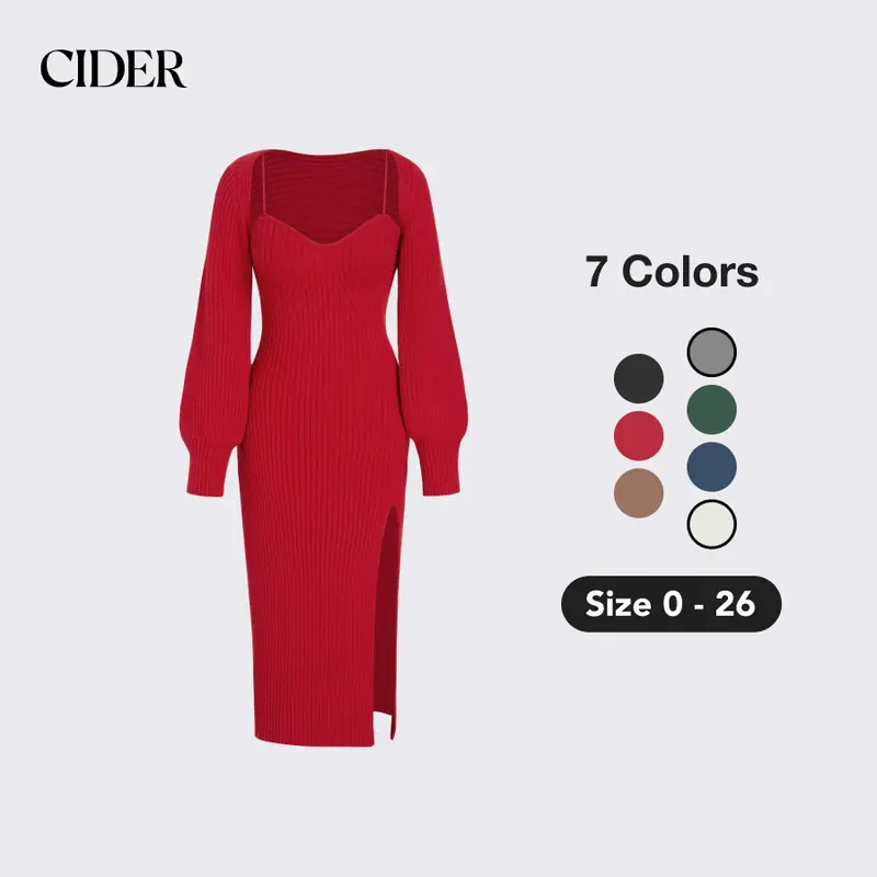 Cider Lady's 2-Piece A-Type A-Line Long Sleeve Solid Button-Front Stretchy Slim Fitted Pull-On Sweater Dress - M, Elegant, Cozy, Casual Wear for Night Dates