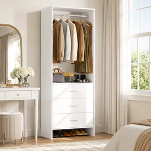 24''W Closet System with 3 Wood Drawers and Hanging Rod, Freestanding 2FT Walk-in Closet Organizer Modular Wardrobe Bedroom Armoire For Small Space