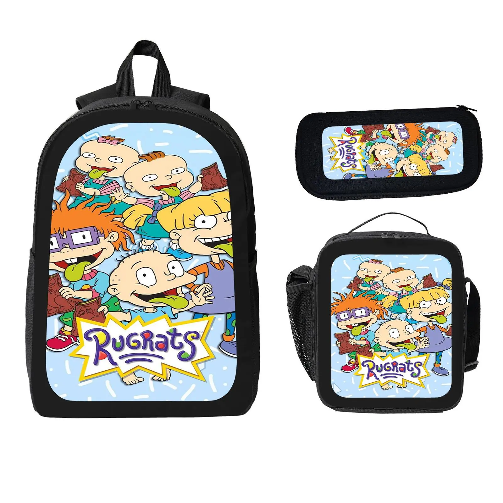 Rugrats 3 Pcs School Backpack Set for Boys Girls Kids, Large Capacity Bookbag with Insulated Lunch Bag Pencil Case, Water Resistant Travel Daypack for Elementary Middle School c-73, Back To School Haul, Set Pack