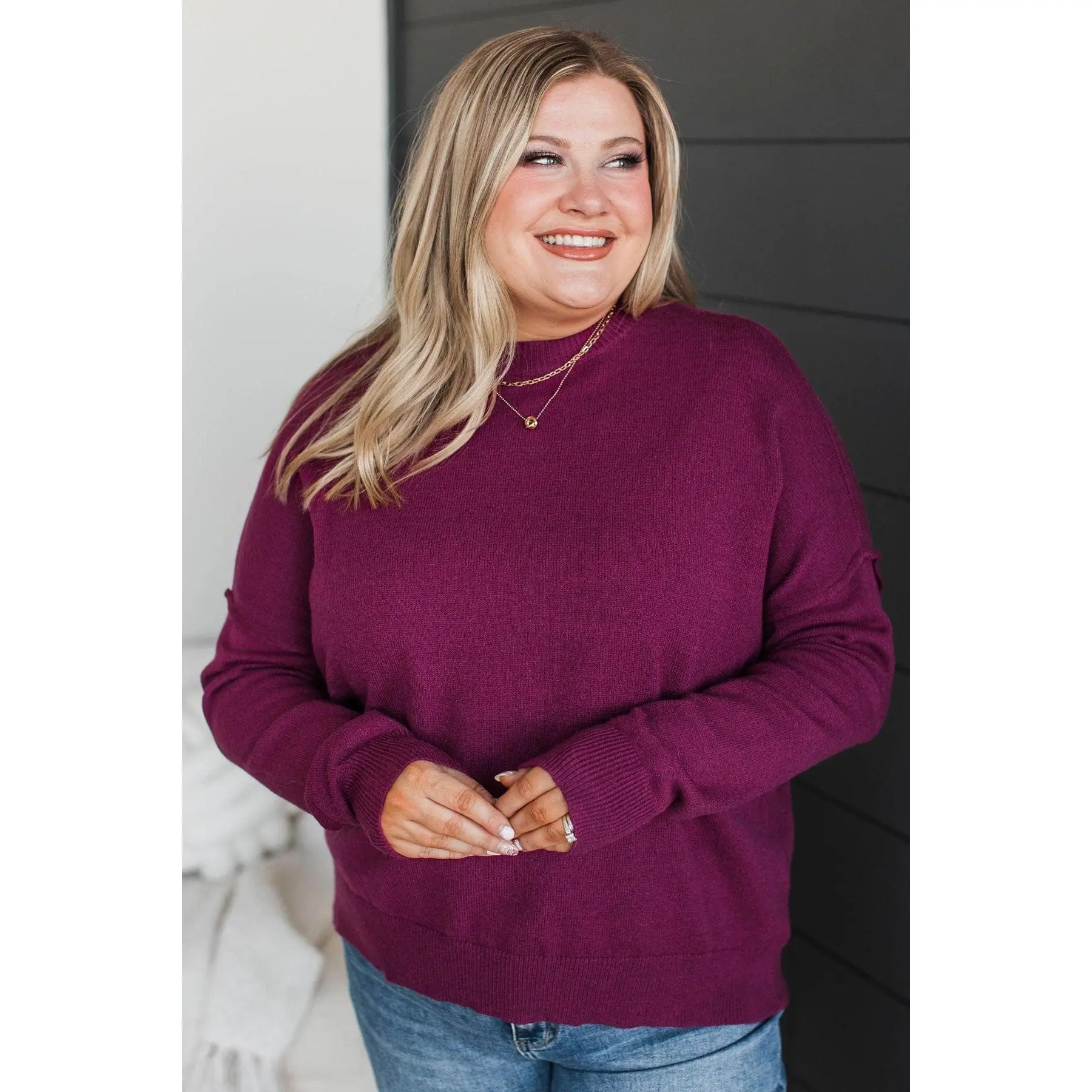 Lightweight Knit Sweater for Women, Soft Crew Neck Pullover with Drop Shoulders and Inside-Out Seam Detail - Dark Magenta, Tops, Knitwear, Fit, Sleeves, Imported, Viscose Blend, Casual