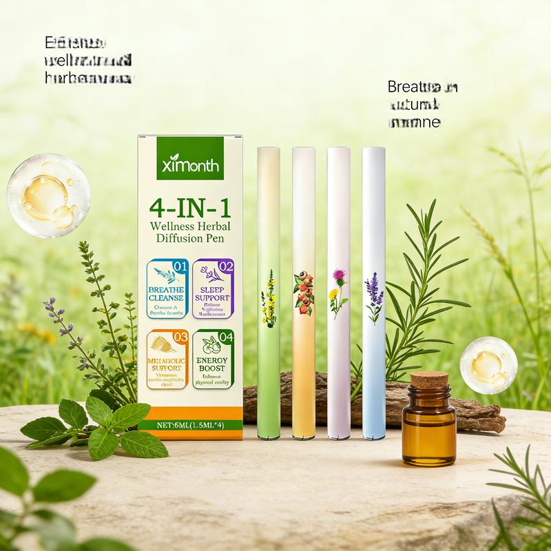 XIMONTH 4-IN-1 Wellness Herbal Diffusion Pen Thyme & Mint Extracts for Lung Detoxification Oral Air Freshening Relaxation Stick Solution