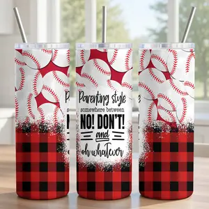 Funny Baseball Mom Tumbler 20oz - 18/8 Food-Grade Stainless Steel Insulated Cup with Lid, Metal Straw & Brush - Relatable Parenting Style Quote, Gameday Gear for Sports Parents - Buffalo Plaid Design - Ships in 2 Days