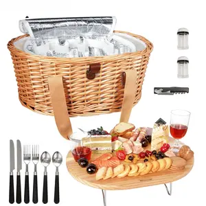 Insulated Wicker Picnic Basket for 2/4 Persons with Foldable Wine Table and Cutlery Service Kits, Insulated Woven Beach Cooler Bag, Couples Gifts, Wedding Gifts, Picnicbasket