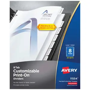 Avery 8-Tab Print-On Binder Dividers, White Tabs, 25 Sets (11554)