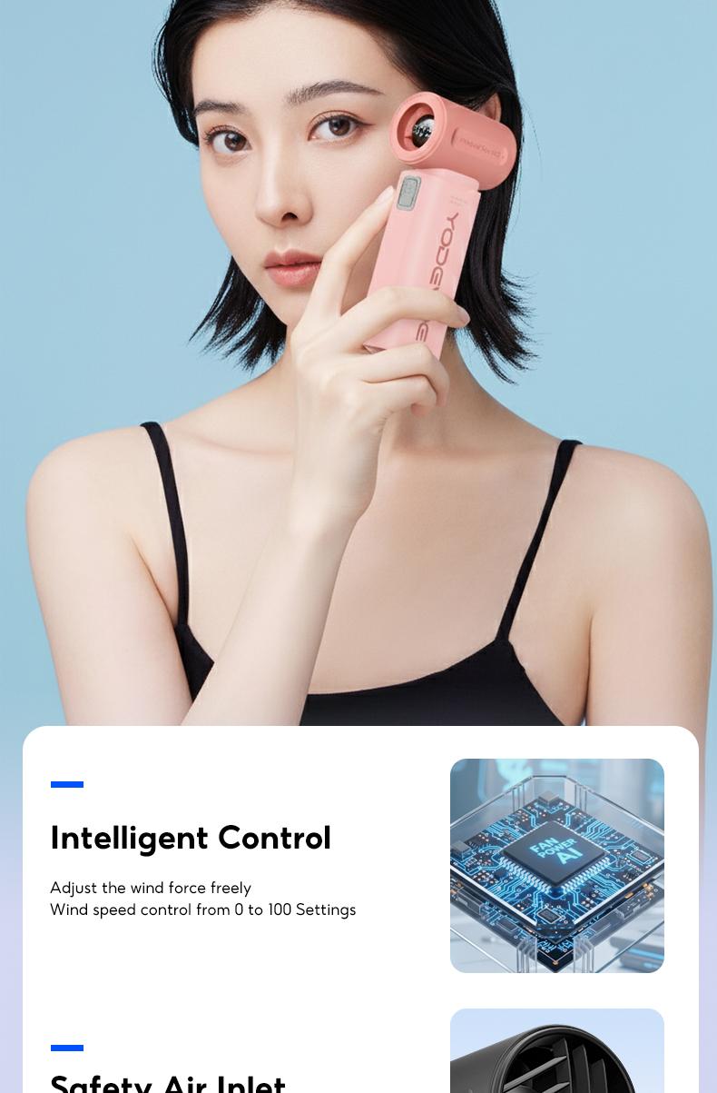 Yodevoe Handheld Fan, Turbo Powerful Airflow, Stylish Mini Pocket Fan, 100 Wind Speed ​​Settings, Up to 15 Hours of Battery Life, Rechargeable Portable Fan, Suitable for Travel and Office Use, Includes Lanyard and USB Type-C Charging Port