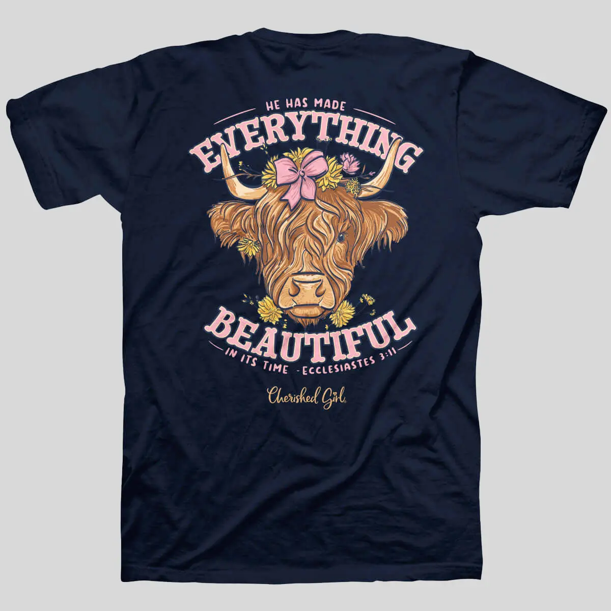 Women's Highland Cow Graphic T-Shirt, 100% Cotton Christian Faith Tee in Navy, Ladies Standard Fit Short Sleeve Top