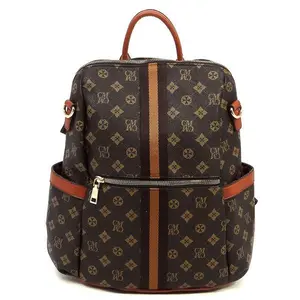 CM Monogram Striped Convertible Backpack in Faux Vegan Leather with Zip Top Closure and Detachable Shoulder Strap
