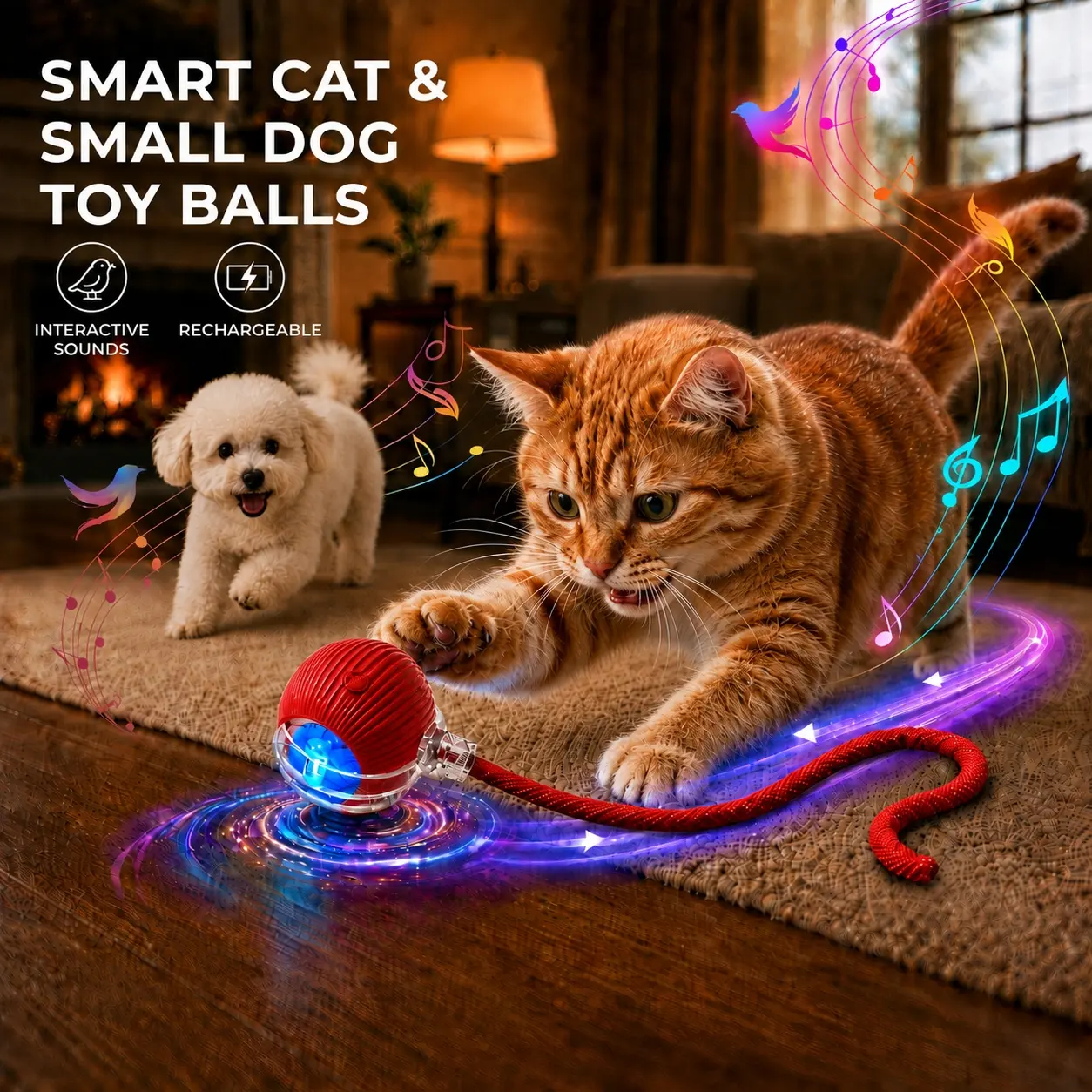 Interactive Cat & Small Dog Automatic Rolling Bouncing Ball Toy - USB-Rechargeable Motion-Sensing Smart Toy with Lighted Tail, Bird Chirping Sounds, Chew-Resistant for Indoor Play, Mental Stimulation