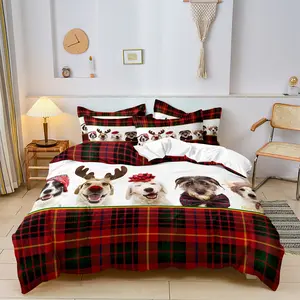 3pcs Cozy Christmas Animal Dog Grid Duvet Cover Bedding Set - Soft & Breathable Polyester, Perfect For All Seasons - Includes 1 Duvet Cover & 2 Pillowcases (Comforter & Pillows Not Included) - Ideal For Bedrooms, Guest Houses & Dorms, Soft Bedding Sets