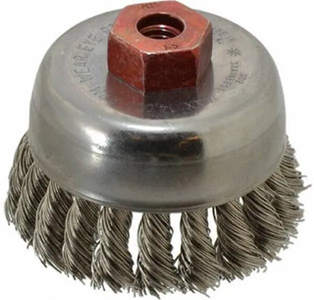 Anderson Products Stainless Steel Knotted Wire Fill Cup Brush Hand Tool - 2-3/4" Diam, M10x1.5 Arbor, 0.02" Wire Diam, 3/4" Trim, 14000 Max RPM, Model 17140