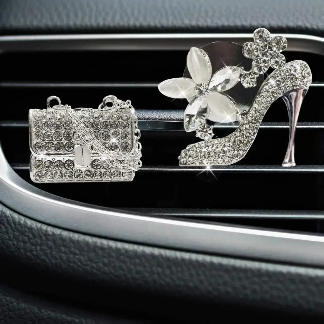 Crystal High Heel Shoe & Magic Bag Car Air Vent Clip Charm Bling Sparkly Rhinestone Car Bling Accessories Universal Fit Easy To Apply Car Interior Decoration Charm