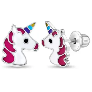 Rainbow Unicorn Kids / Children's / Girls Earrings Screw Back Enamel - Sterling Silver