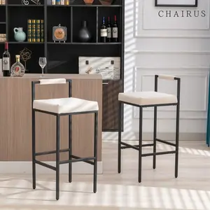 CHAIRUS 26.5 Counter Height Bar Stools Set of 2,Beige Linen Counter Stool With Black Metal Legs,Upholstered Armless Kitchen Island Chair With Back and  Footrest,Modern Bar Stools for Kitchen Island,Dining Room