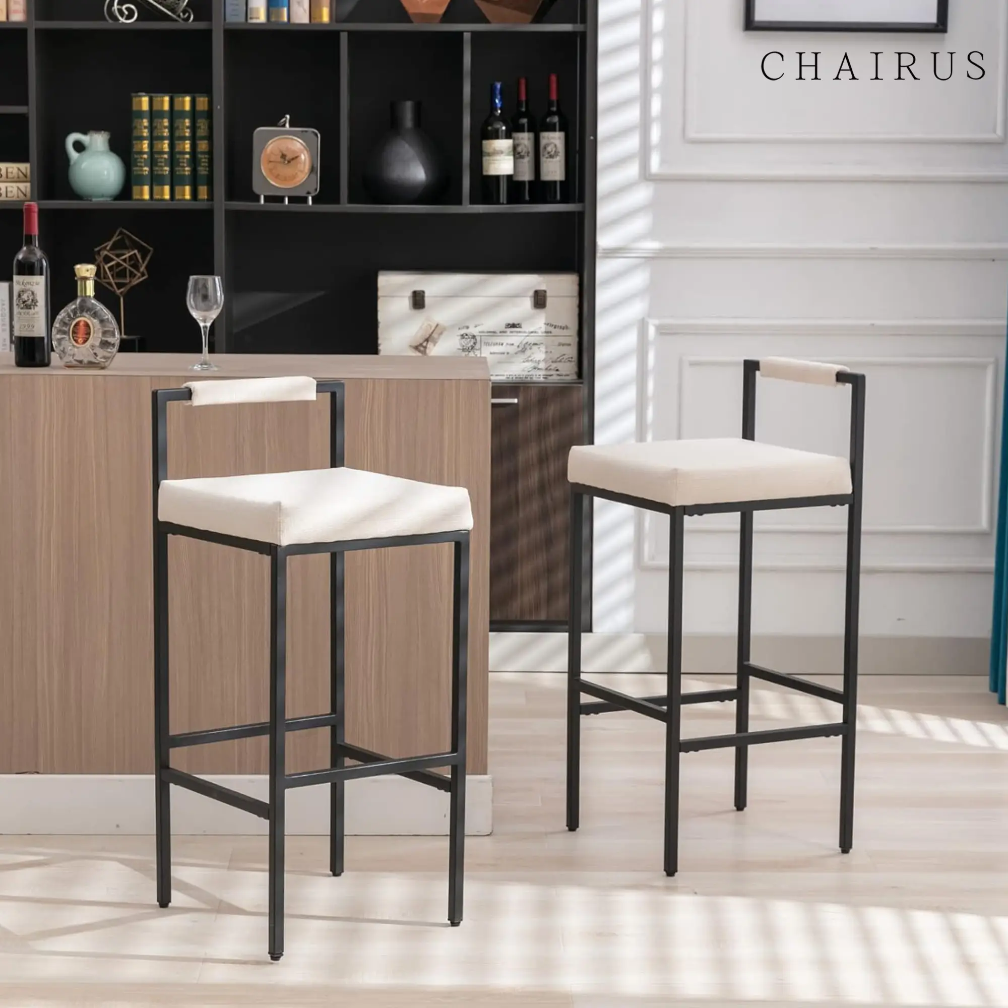CHAIRUS 26.5 Counter Height Bar Stools Set of 2,Beige Linen Counter Stool With Black Metal Legs,Upholstered Armless Kitchen Island Chair With Back and