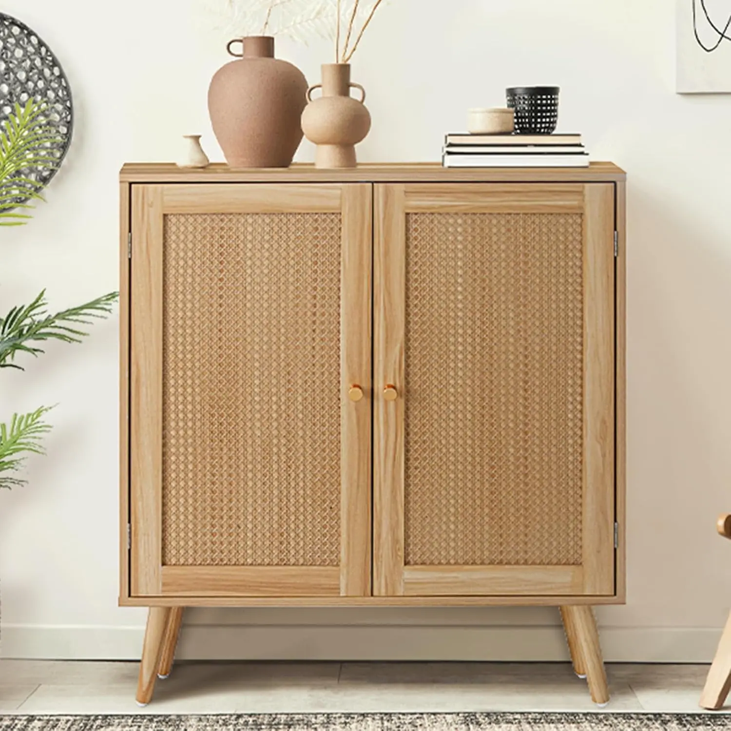 Garvee Off-white Natural Rattan Buffet Cabinet with Storage Adjustable Shelves and Solid Wood Feet Multifunctional Sideboard for Dining Room Hallway and Entryway