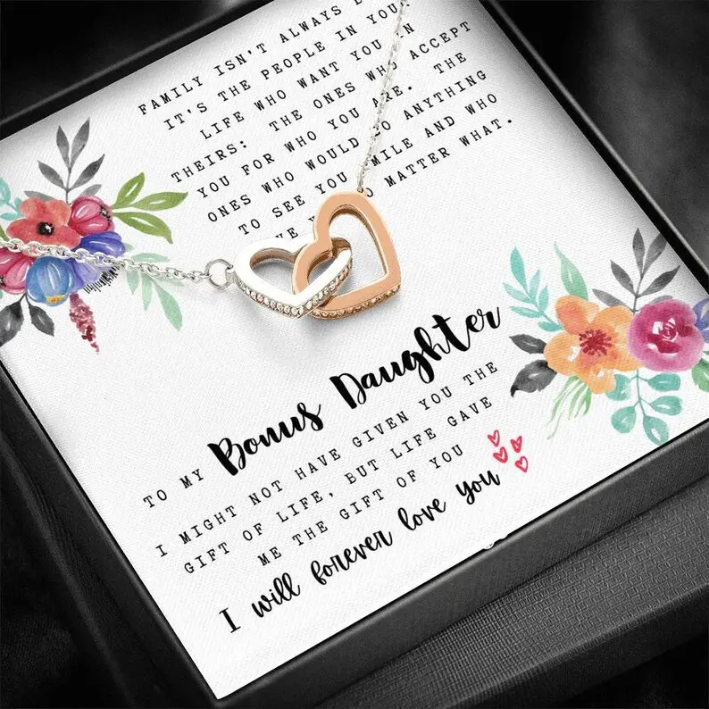 To My Bonus Daughter Necklace, Interlocking Hearts Necklace, Thoughtful Gifts For Bonus Daughter, Meaningful Gifts For Bonus Daughter, Interlocking Necklace with Message Card and Gift Box