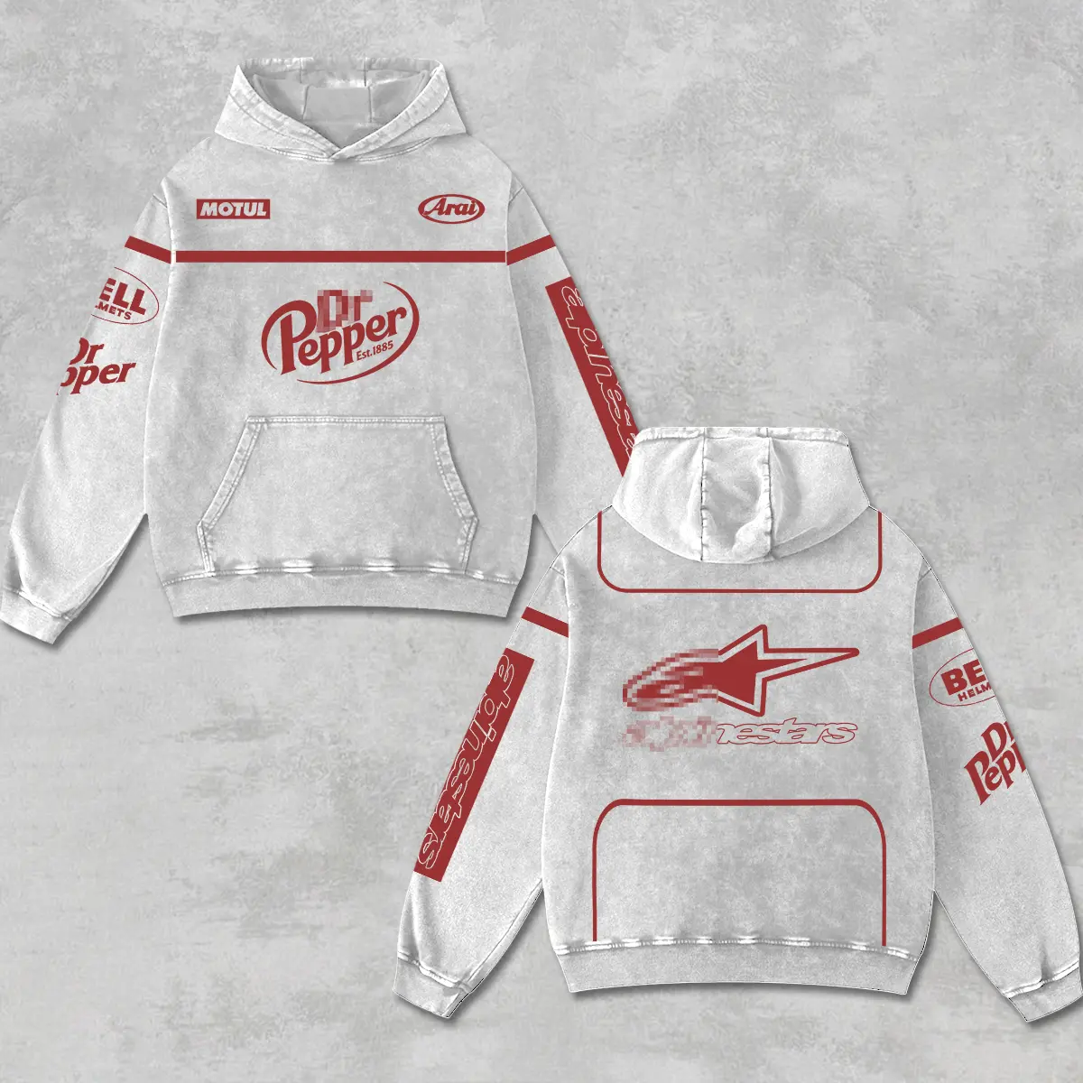Retro Astars x Soda Pepper Racing Hoodie Acid Washed Grey, Motor World Championship Enthusiast, Motorcycle Off-Road Dirt Bike Graphic Streetwear, Heavyweight Biker Sweatshirt, Retro Moto Gear Motorbike Apparel Women’s Grunge Y2K Racing Jacket Style