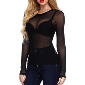 [Plus Size Mesh Fishnet Tops] Black Sheer Tops for Women,Mesh Shirts Womenswear Comfort Basic Crewneck Festival Long Sleeve Minimalist Party Short Blouses