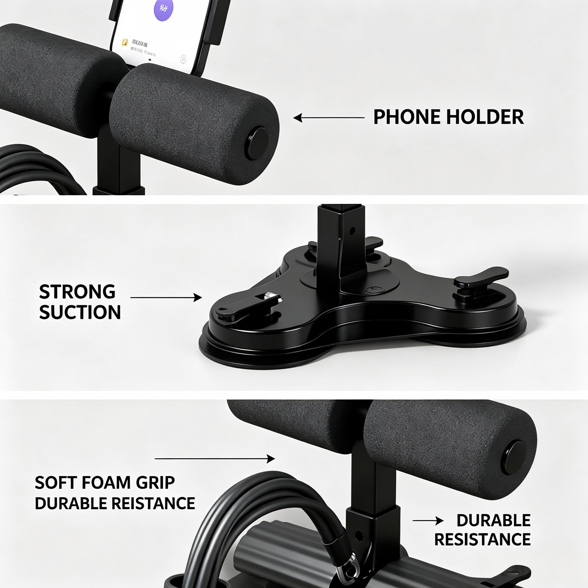 Suction Cup Sit-Up Trainer, Thick Non-Slip  Foam Sit-Up Trainer with 6-Tube Resistance Bands & Phone Holder, Portable Abdominal Trainer for Apartment Daily Core Workout