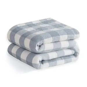 H&D Classic Blue Checkered 100% Cotton Blanket, Soft Cozy Breathable Warm, Hypoallergenic Throw Blanket, for Couch Office Bed Camping Travel Multi Purpose, Gift for All Seasons