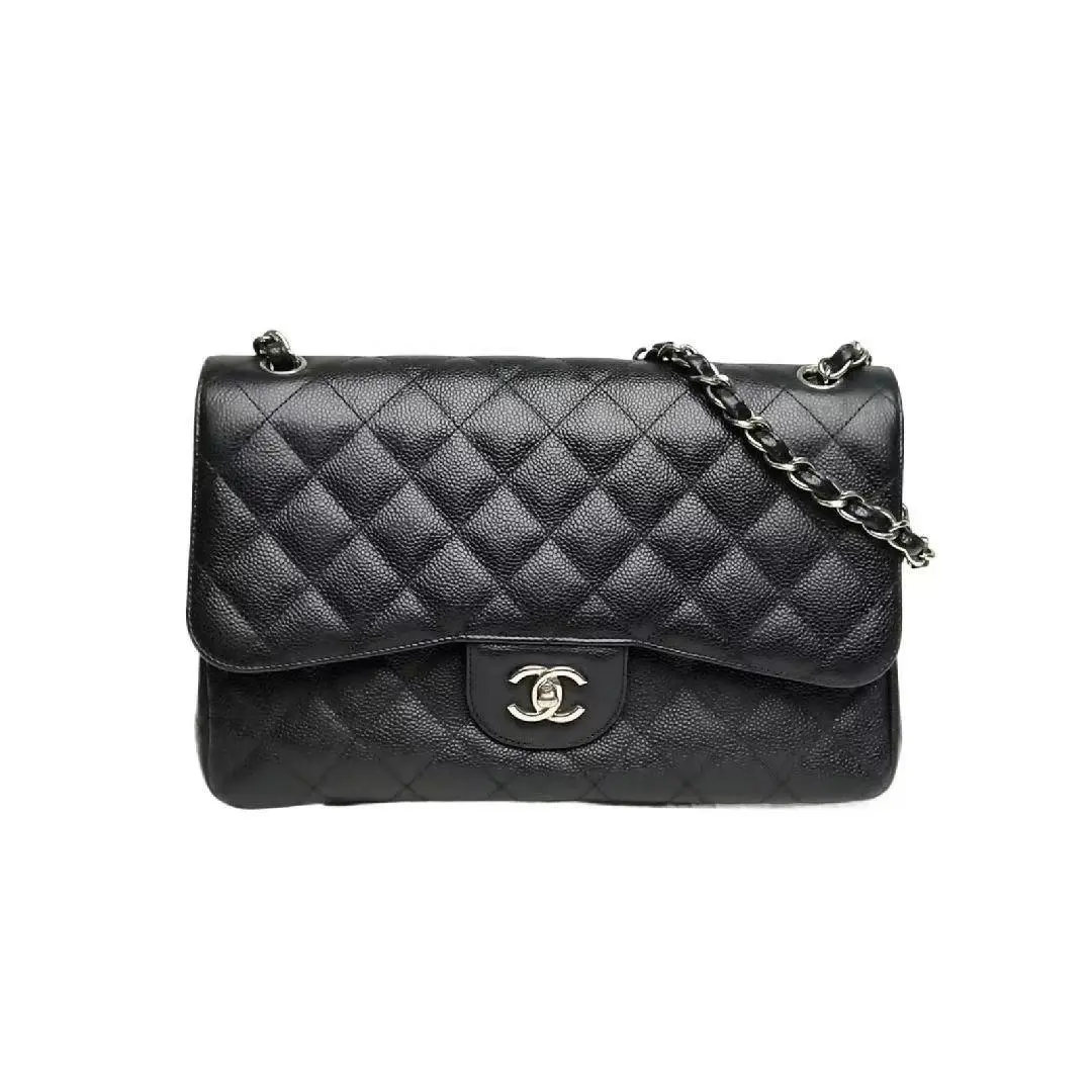 Pre-owned CHANEL classic flip top large black persimmon grain leather chevron quilted